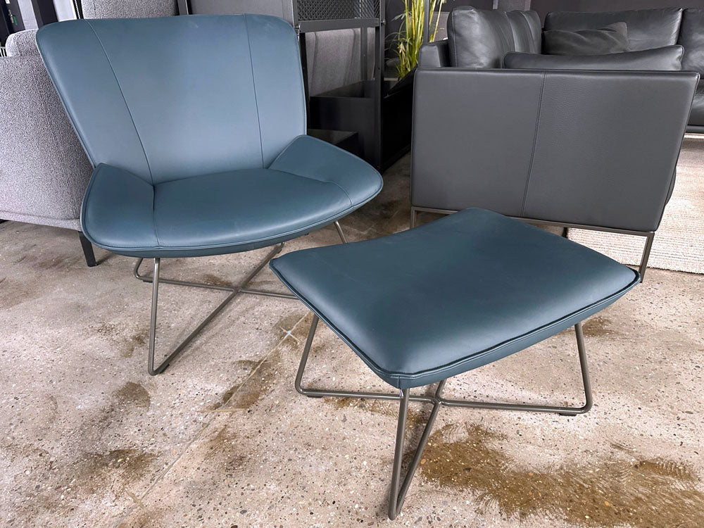 Rolf Benz - Sessel - RB 383 mit Hocker - Leder petrol - sofort verfügbar
